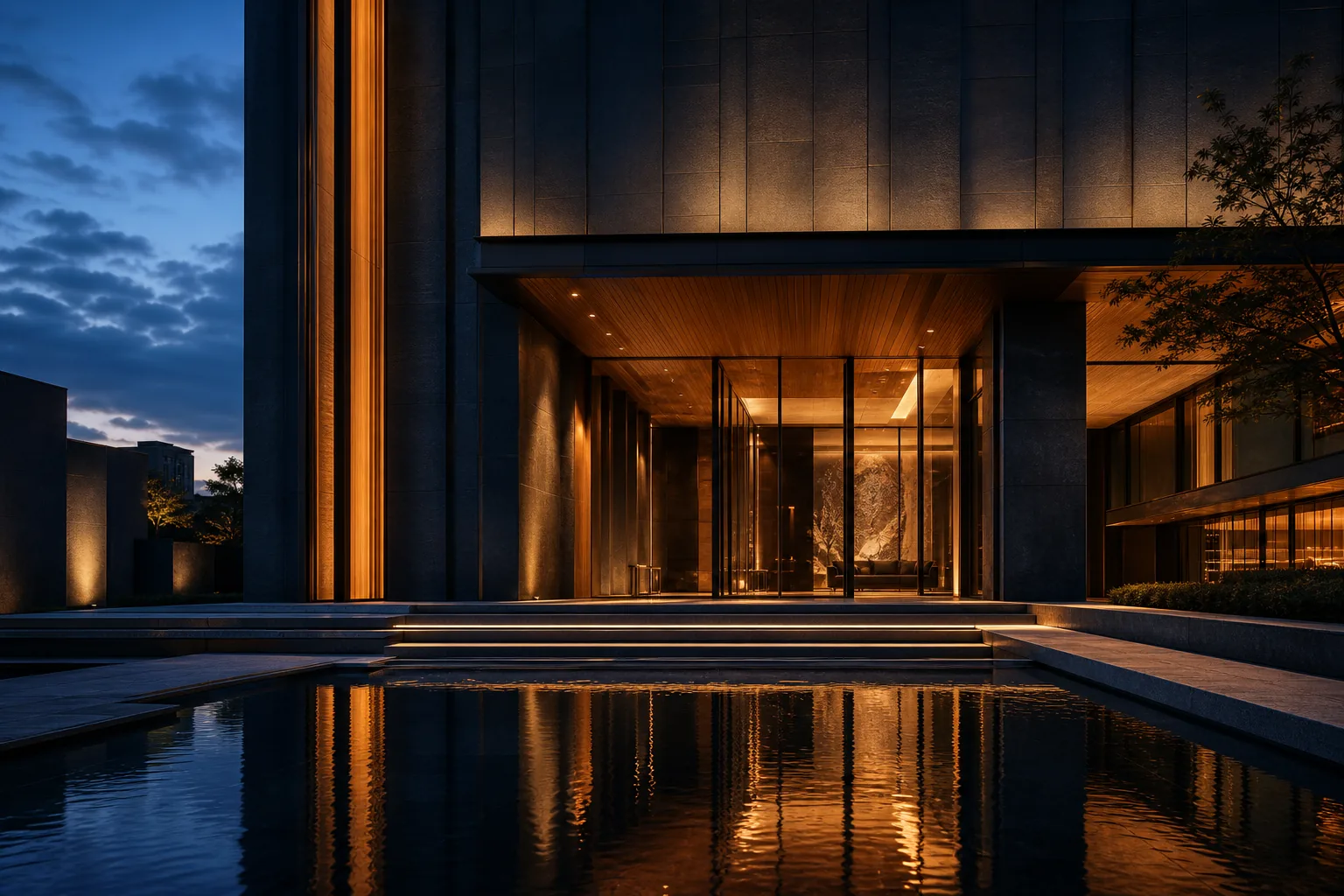 Modern luxury building entrance at dusk