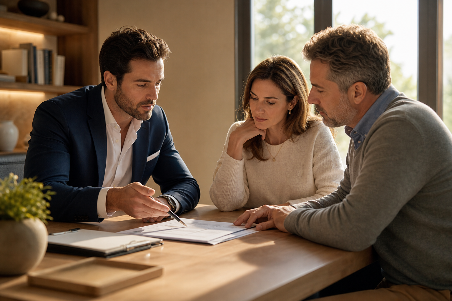 A financial advisor seated across from a couple, reviewing coverage options at a desk in a warm, upscale office